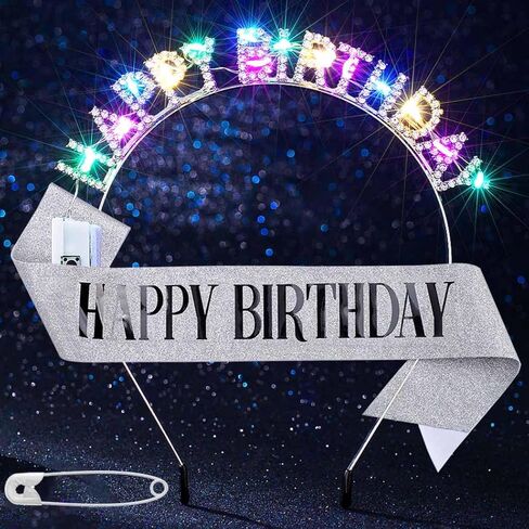 Uranian Light Up Birthday Headbands and Sash Rhinestone Crowns Led Birthday Halo Crown Sparkly Party Favor Hair Accessories for Women in Saudi Arabia