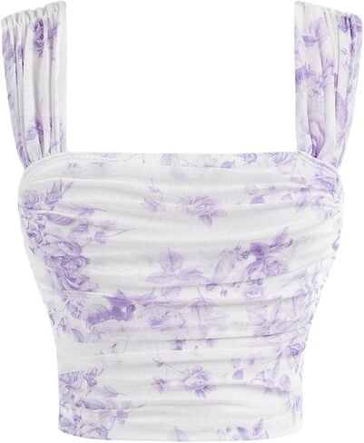 Milumia Girl's Ruched Floral Print Tank Top Square Neck Sleeveless Cropped Tops in Kuwait