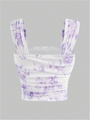 Milumia Girl's Ruched Floral Print Tank Top Square Neck Sleeveless Cropped Tops in Kuwait