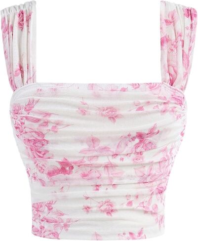 Milumia Girl's Ruched Floral Print Tank Top Square Neck Sleeveless Cropped Tops in Kuwait