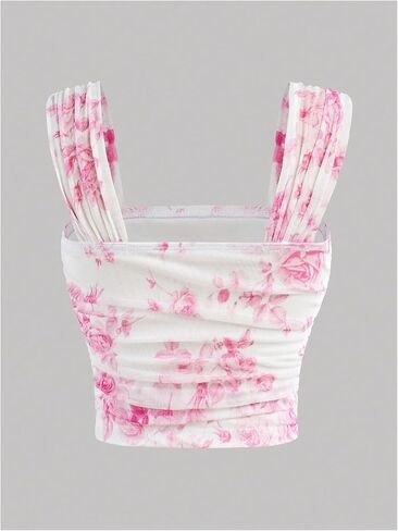 Milumia Girl's Ruched Floral Print Tank Top Square Neck Sleeveless Cropped Tops in Kuwait