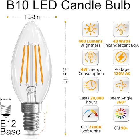 E12 Candelabra Bulb 40 Watt مكافئ ، E12 LED لمبة الثريا قابلة للثريات قابلة للثورة ، مصابيح ضوء شمعة B10 2700 كيل in Kuwait