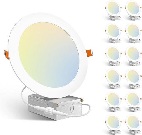 Amico 12 Pack 6 Inch 5CCT Ultra-Thin LED Recessed Ceiling Light with Junction Box, 1050LM Brightness, Dimmable Canless Wafer Downlight, 12W, ETL&FCC in Kuwait