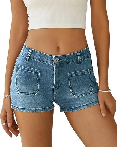 Women's Summer Mid Waisted Casual Jean Shorts Trendy Flat Pockets Cutoff Stretchy Denim Shorts in Kuwait