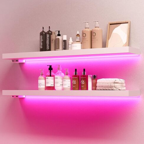 BAMEOS Black Floating Shelves with LED, 31" Sturdy Wood Wall Shelves with Invisible Brackets, Set of 2, Wall Mounted Display Shelves Decoration for Bedroom, Bathroom, Living Room, Kitchen in Kuwait