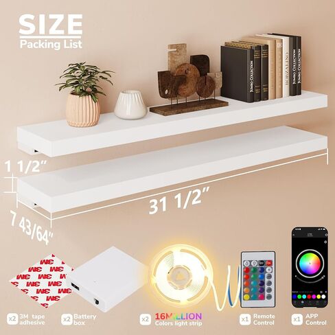 BAMEOS Black Floating Shelves with LED, 31" Sturdy Wood Wall Shelves with Invisible Brackets, Set of 2, Wall Mounted Display Shelves Decoration for Bedroom, Bathroom, Living Room, Kitchen in Kuwait