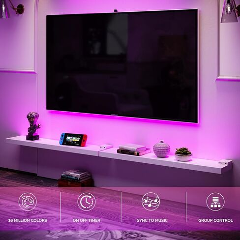 BAMEOS Black Floating Shelves with LED, 31" Sturdy Wood Wall Shelves with Invisible Brackets, Set of 2, Wall Mounted Display Shelves Decoration for Bedroom, Bathroom, Living Room, Kitchen in Kuwait