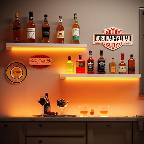 BAMEOS Black Floating Shelves with LED, 31" Sturdy Wood Wall Shelves with Invisible Brackets, Set of 2, Wall Mounted Display Shelves Decoration for Bedroom, Bathroom, Living Room, Kitchen in Kuwait