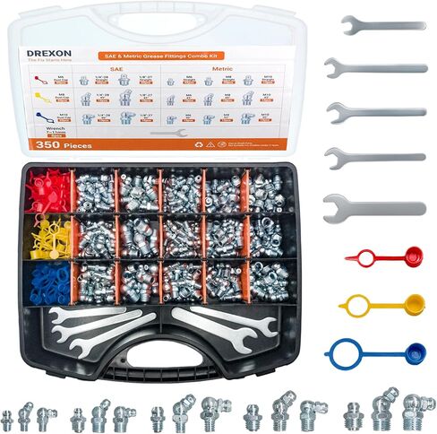 350pc مجموعة متنوعة من الشحوم - SAE & METRIC (1/4 "-28 ، M6 ، M8 ، M10) تجهيزات الشحوم Zerk مع صندوق الأدوات ، وروح القبعات والغبار لأسلحة الشحوم والسيارات ، الصناعية in Saudi Arabia