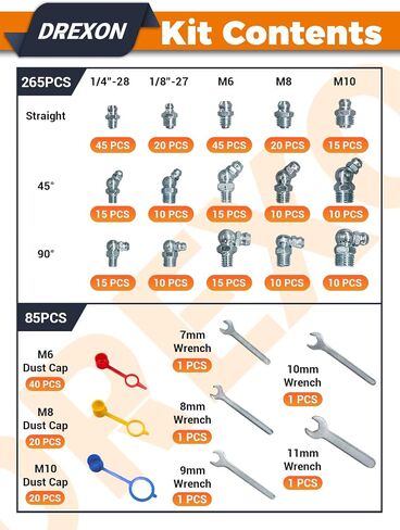 350pc مجموعة متنوعة من الشحوم - SAE & METRIC (1/4 "-28 ، M6 ، M8 ، M10) تجهيزات الشحوم Zerk مع صندوق الأدوات ، وروح القبعات والغبار لأسلحة الشحوم والسيارات ، الصناعية in Saudi Arabia