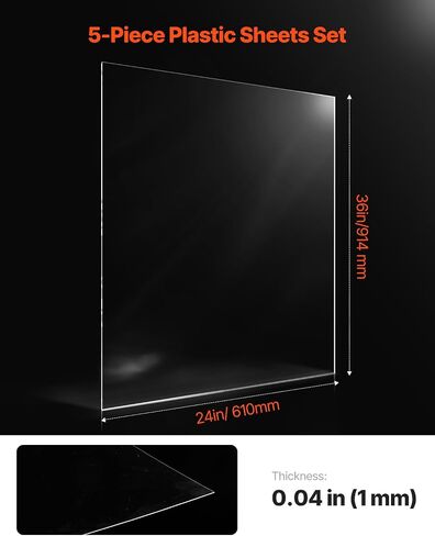 VEVOR PET/Plexiglass Sheets, 5-Pack Plastic Sheet, 24 x 36 Inch 0.04 Inch Thick Transparent Clear Flexible Plastic Panels for Craft, Replacement Picture Frame Glass, DIY Display Project, Easy to Cut in Saudi Arabia