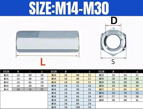 10Pc Galvanised Extended Hexagonal Joint Nut Industrial-Grade Connecting M3-M30 Heavy-Duty Equipment Threaded Rod Connector Rust-Proof Fastening Accessories(M8(D)*15(L)*14(s)) in Kuwait