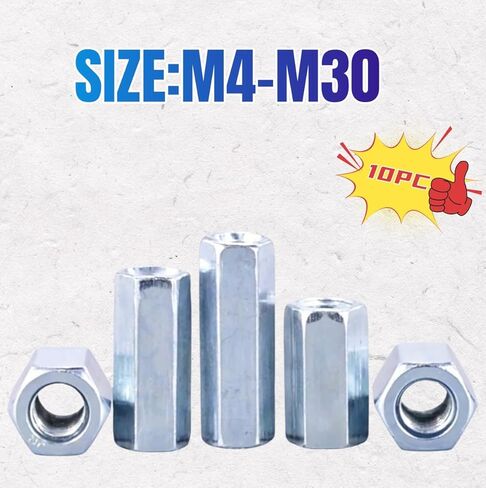 10Pc Galvanised Extended Hexagonal Joint Nut Industrial-Grade Connecting M3-M30 Heavy-Duty Equipment Threaded Rod Connector Rust-Proof Fastening Accessories(M8(D)*15(L)*14(s)) in Kuwait