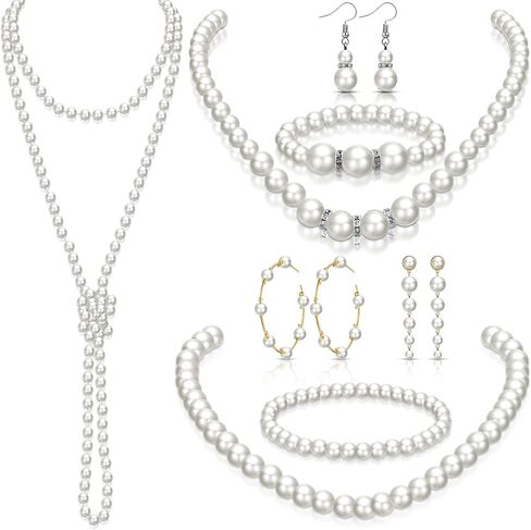 8 Pcs Pearl Jewelry Set 1920s Costume Accessories for Women Long Pearl Necklace Hoop Earrings Bracelet New Year Gift Bridesmaid Jewelry Set for Wedding in Kuwait