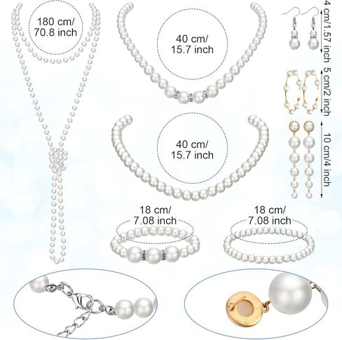 8 Pcs Pearl Jewelry Set 1920s Costume Accessories for Women Long Pearl Necklace Hoop Earrings Bracelet New Year Gift Bridesmaid Jewelry Set for Wedding in Kuwait
