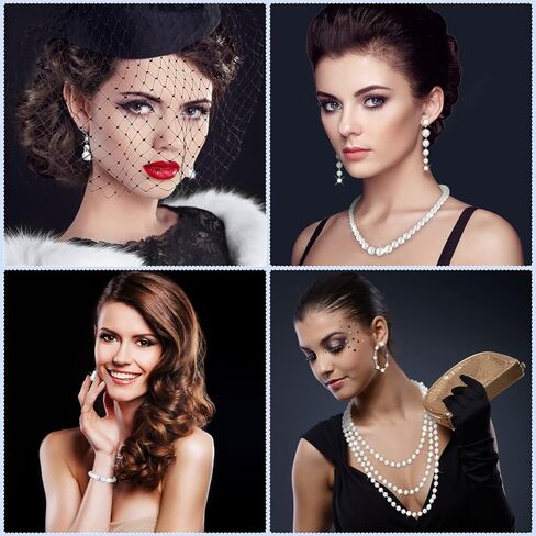 8 Pcs Pearl Jewelry Set 1920s Costume Accessories for Women Long Pearl Necklace Hoop Earrings Bracelet New Year Gift Bridesmaid Jewelry Set for Wedding in Kuwait