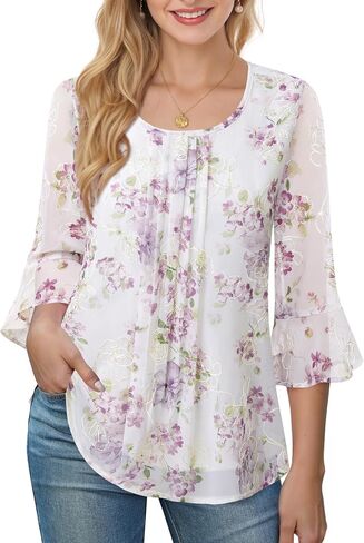 VALOLIA Womens 3/4 Sleeve Blouses Tops Dressy Casual Chiffon Pleated Embroidery Layered Shirts in Saudi Arabia