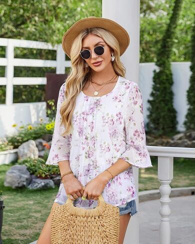 VALOLIA Womens 3/4 Sleeve Blouses Tops Dressy Casual Chiffon Pleated Embroidery Layered Shirts in Saudi Arabia
