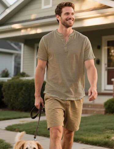 Henley Shirts for Men Short Sleeve Casual Cotton Button-Up T-Shirt - Classic Crew Neck Basic Tee in Kuwait