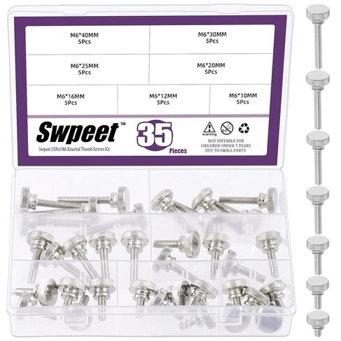 Swpeet 42Pcs 7 Size M3×6/8/10/12/16/20/30mm Nickel Plated Knurled Thumb Screws Assortment Kit, Flat Knurled Head Thumb Screws, Fully Threaded Thumb Screws Bolts Fastener, Shoulder Grip Knobs in Saudi Arabia