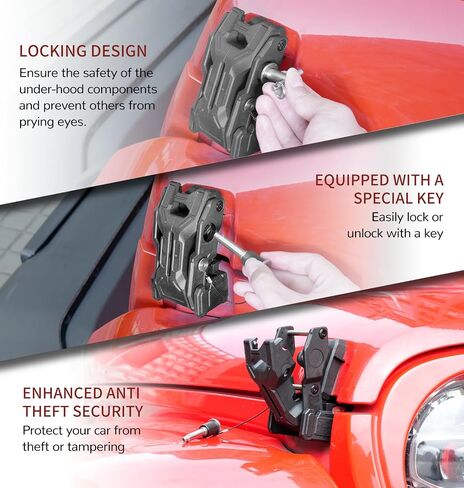 قفل غطاء غطاء محرك السيارة مع مفاتيح ، صيد هود متوافق مع 2018-2025 Jeep Wrangler JL JLU 4XE Jeep Gladiator JT ، مضادات القفل مضاد للسرقة ملحقات المزلاج ، الغبار والمقاوم للماء ، زوج واحد ، أسود ، أسود in Kuwait