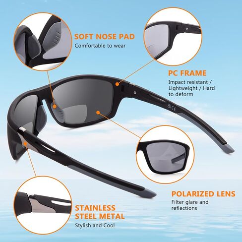 2 Pack Bifocal Reading Sunglasses Men Wrap Around Sports Sun Readers Outdoor Clear Top Soft Nose Pads PC Frame UV400 in Saudi Arabia