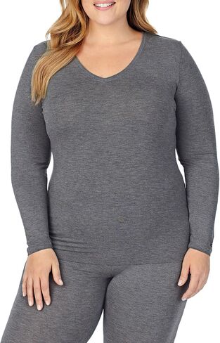 Cuddl Duds Women's Softwear with Stretch Long Sleeve V-Neck, Lightweight Comfort, Ultra-Soft Fabric, Ideal for Layering, Black, Small in Saudi Arabia