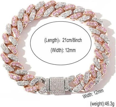 14K Gold 12mm Cuban Link Chain Bracelet with Pink & White Moissanite, Statement Jewelry for Men, Gift for Him in Kuwait