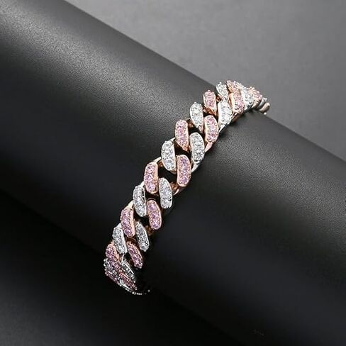 14K Gold 12mm Cuban Link Chain Bracelet with Pink & White Moissanite, Statement Jewelry for Men, Gift for Him in Kuwait