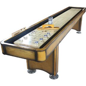 Playcraft Georgetown Shuffleboard Table مع خزانة تخزين - طاولة ألعاب خلط ورق اللعب مع مطابقة Abacus ، 8 كرات ، فرشاة وشمع - Pro Climate Faters - ملطخة باليد. in Kuwait