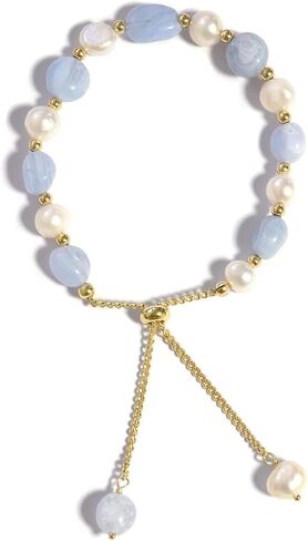 Cultured Freshwater Pearls and Natural Stones Beaded Gold Bracelet Christmas gifts for Women Multicolor Adjustable Slider Bracelets Aventurine/Morganite/Sunstone/Agate Charm Jewelry Synthetic Pearl in Saudi Arabia