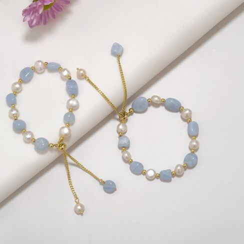 Cultured Freshwater Pearls and Natural Stones Beaded Gold Bracelet Christmas gifts for Women Multicolor Adjustable Slider Bracelets Aventurine/Morganite/Sunstone/Agate Charm Jewelry Synthetic Pearl in Saudi Arabia