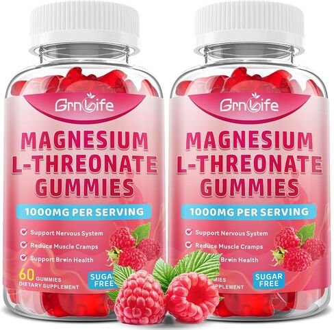 Magnesium L-Threonate Gummies 1000MG, Magnesium Threonate Supplement for Kids & Adults, Muscle & Nervous System Support, Sugar-Free, Raspberry Flavor, 60 Count in Saudi Arabia