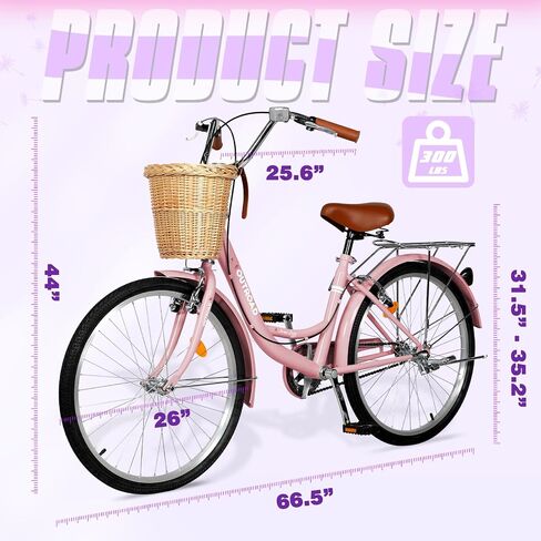 Betterland Beach Cruiser Bike for Women, 24/26 inch Hybrid Bike with Adjustable Seat, Womens Bike with Front Basket and Dual V-Brake, Step Through Comfort Bicycle for City Commuter in Saudi Arabia