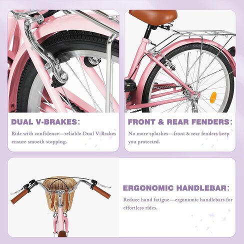 Betterland Beach Cruiser Bike for Women, 24/26 inch Hybrid Bike with Adjustable Seat, Womens Bike with Front Basket and Dual V-Brake, Step Through Comfort Bicycle for City Commuter in Saudi Arabia