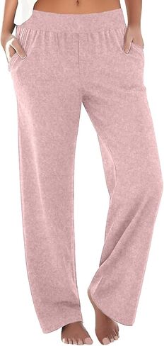 SHOPESSA Lounge Pants Women High Waist Wide Straight Leg Trousers Solid Color with Casual Loose Lightweight Pants in Saudi Arabia
