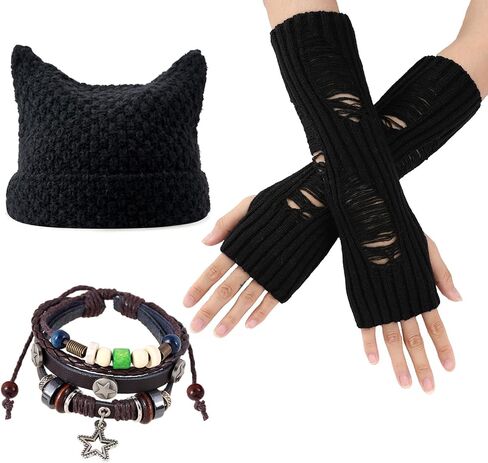3PCS Therian Stuff,Y2K Therian Grunge Accessories for Women,Grunge Ripped Gloves,Fairycore Bracelets,Grunge Knitted Cat Beanie,Therian Gear Y2K Clothes Accessories Khaki in Saudi Arabia