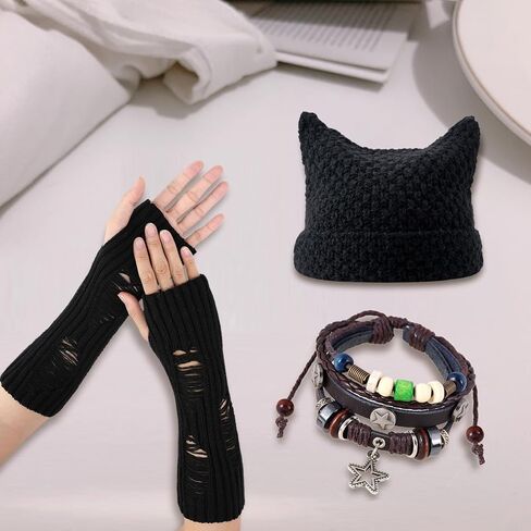 3PCS Therian Stuff,Y2K Therian Grunge Accessories for Women,Grunge Ripped Gloves,Fairycore Bracelets,Grunge Knitted Cat Beanie,Therian Gear Y2K Clothes Accessories Khaki in Saudi Arabia