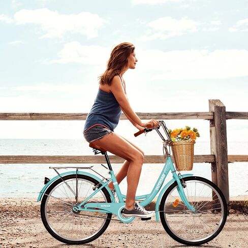 Betterland Beach Cruiser Bike for Women, 24/26 inch Hybrid Bike with Adjustable Seat, Womens Bike with Front Basket and Dual V-Brake, Step Through Comfort Bicycle for City Commuter in Saudi Arabia