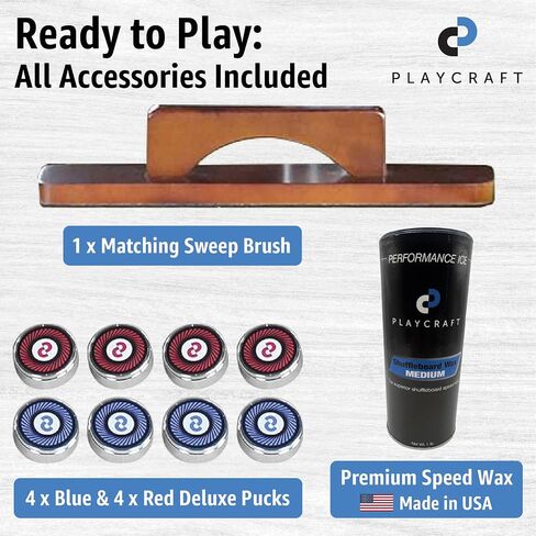 Playcraft Georgetown Shuffleboard Table مع خزانة تخزين - طاولة ألعاب خلط ورق اللعب مع مطابقة Abacus ، 8 كرات ، فرشاة وشمع - Pro Climate Faters - ملطخة باليد. in Kuwait