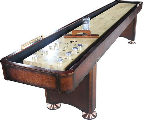 Playcraft Georgetown Shuffleboard Table مع خزانة تخزين - طاولة ألعاب خلط ورق اللعب مع مطابقة Abacus ، 8 كرات ، فرشاة وشمع - Pro Climate Faters - ملطخة باليد. in Kuwait