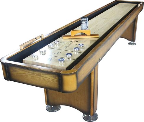 Playcraft Georgetown Shuffleboard Table مع خزانة تخزين - طاولة ألعاب خلط ورق اللعب مع مطابقة Abacus ، 8 كرات ، فرشاة وشمع - Pro Climate Faters - ملطخة باليد. in Kuwait