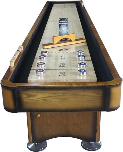 Playcraft Georgetown Shuffleboard Table مع خزانة تخزين - طاولة ألعاب خلط ورق اللعب مع مطابقة Abacus ، 8 كرات ، فرشاة وشمع - Pro Climate Faters - ملطخة باليد. in Kuwait