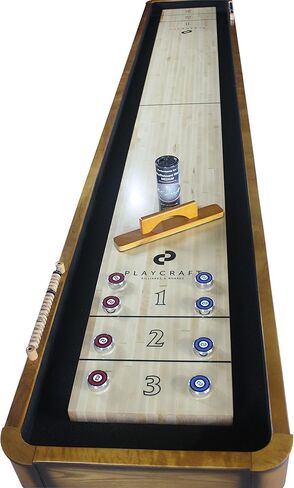 Playcraft Georgetown Shuffleboard Table مع خزانة تخزين - طاولة ألعاب خلط ورق اللعب مع مطابقة Abacus ، 8 كرات ، فرشاة وشمع - Pro Climate Faters - ملطخة باليد. in Kuwait
