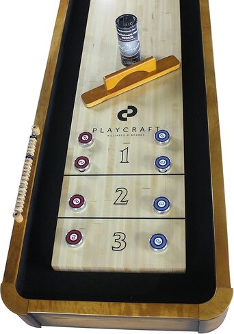 Playcraft Georgetown Shuffleboard Table مع خزانة تخزين - طاولة ألعاب خلط ورق اللعب مع مطابقة Abacus ، 8 كرات ، فرشاة وشمع - Pro Climate Faters - ملطخة باليد. in Kuwait