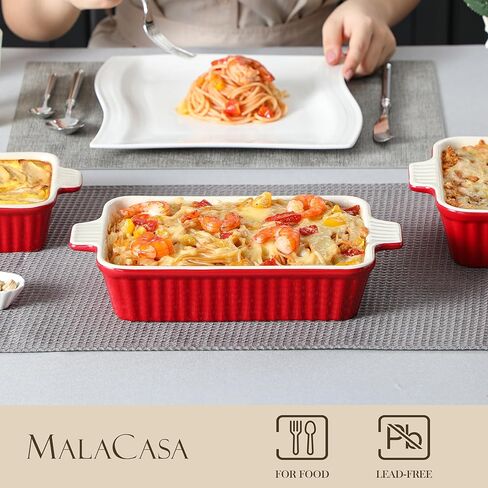 MALACASA Casserole Dishes for Oven, Porcelain Baking Dishes, Ceramic Bakeware Sets of 4, Rectangular Lasagna Pans Deep with Handles for Baking Cake Kitchen, White (9.4"/11.1"/12.2"/14.7"), Series in Kuwait