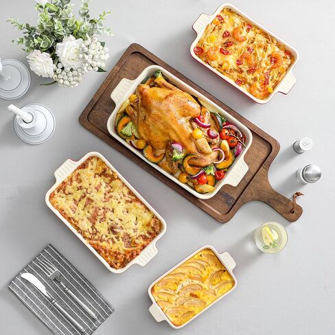 MALACASA Casserole Dishes for Oven, Porcelain Baking Dishes, Ceramic Bakeware Sets of 4, Rectangular Lasagna Pans Deep with Handles for Baking Cake Kitchen, White (9.4"/11.1"/12.2"/14.7"), Series in Kuwait