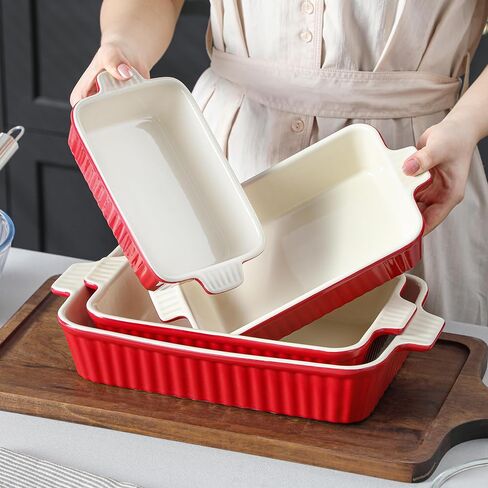 MALACASA Casserole Dishes for Oven, Porcelain Baking Dishes, Ceramic Bakeware Sets of 4, Rectangular Lasagna Pans Deep with Handles for Baking Cake Kitchen, White (9.4"/11.1"/12.2"/14.7"), Series in Kuwait