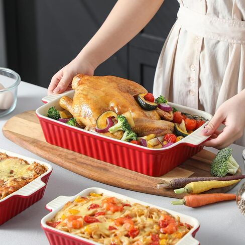 MALACASA Casserole Dishes for Oven, Porcelain Baking Dishes, Ceramic Bakeware Sets of 4, Rectangular Lasagna Pans Deep with Handles for Baking Cake Kitchen, White (9.4"/11.1"/12.2"/14.7"), Series in Kuwait