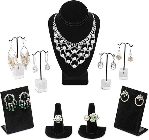 MOOCA 10 Pcs Jewelry Display Set, T-Bar Bracelet Stand, Earring Organizer, Ring Holder Stand for Showcase and Store, Premium Black Faux Leather in Saudi Arabia
